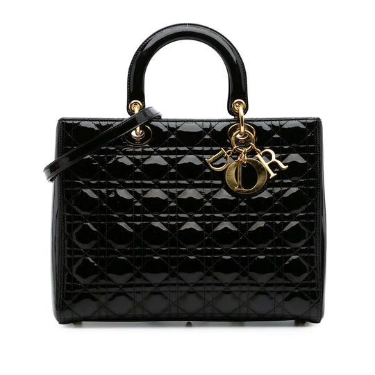 Dior Lady Dior Large Black Cannage Patent Leather Gold