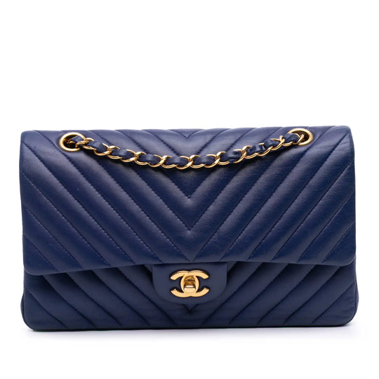 Chanel Classic Double Flap Medium Blue Chevron Lambskin Gold