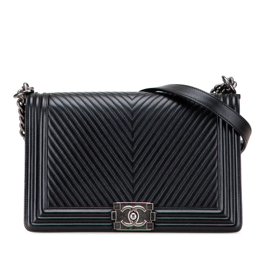 Chanel Boy Flap Medium Black Chevron Calfskin Ruthenium