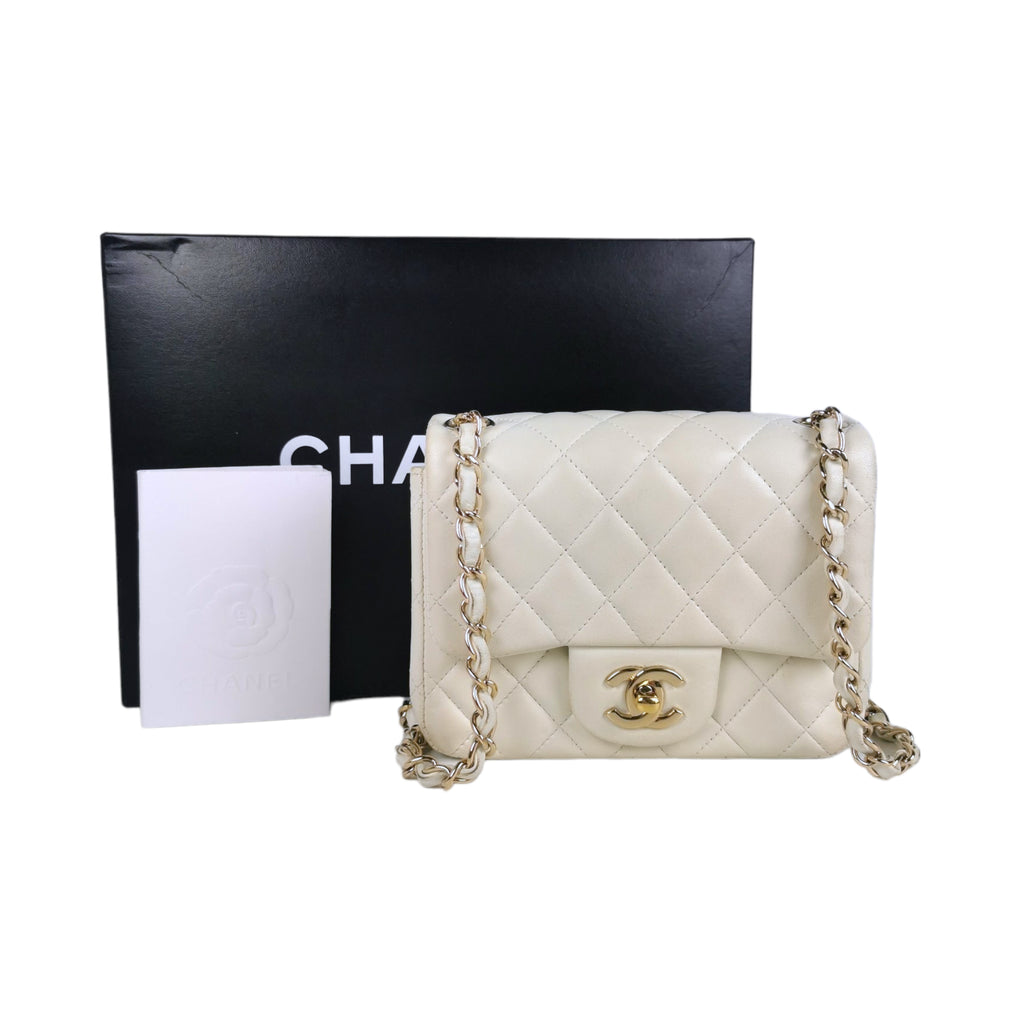 White Quilted Lambskin Mini Square Flap Bag Silver Hardware, 2005-06, Handbags & Accessories, 2022