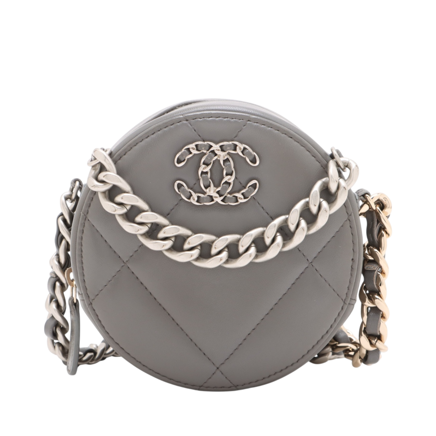 Chanel 19 Mini Round Chain Shoulder Bag in Grey Lambskin with Silver-Gold Hardware
