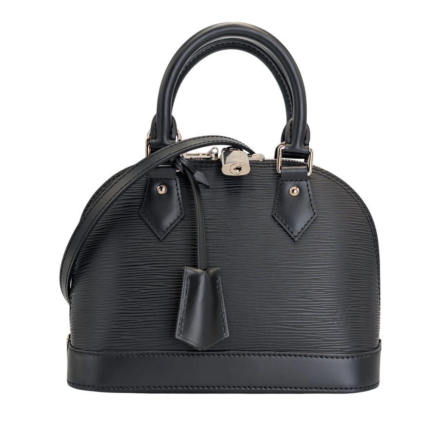 Secondhandbags AG Louis Vuitton Alma BB handbag in black textured Epi leather with top handles and silver hardware.