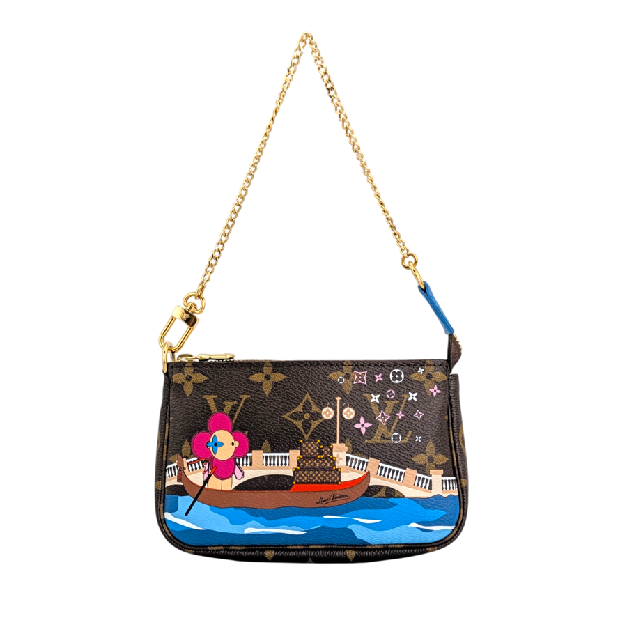 Secondhandbags AG Louis Vuitton Mini Pochette aus braunem Monogram Canvas mit Venedig-Motiv und goldener Kette