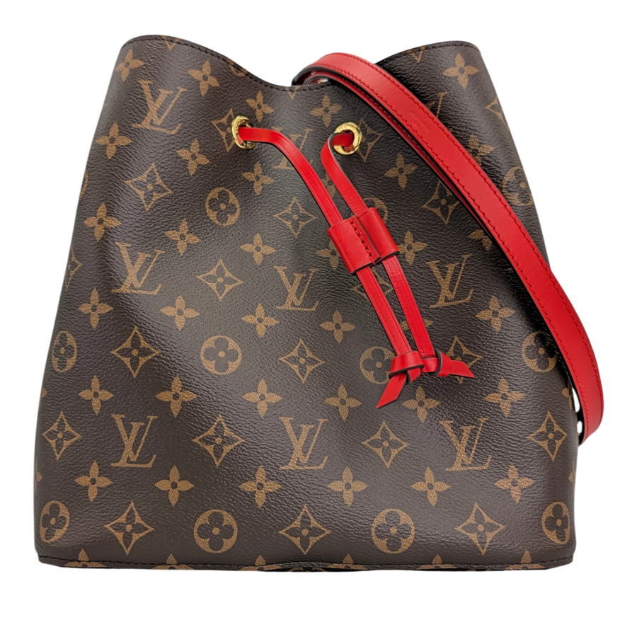 Secondhandbags AG Louis Vuitton NéoNoé MM Beuteltasche aus braunem Monogram Canvas mit rotem Leder und Gold-Details