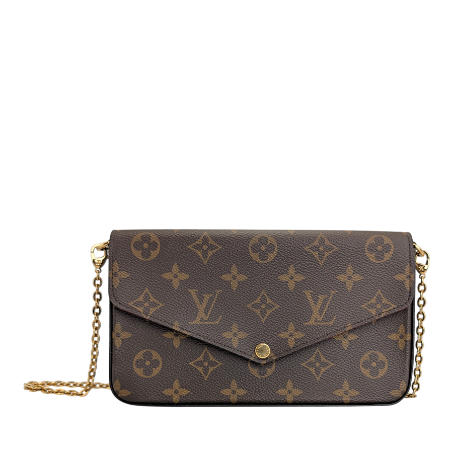 Secondhandbags AG Louis Vuitton Pochette Félicie aus braunem Monogram Canvas mit goldener Kette und Druckknopf