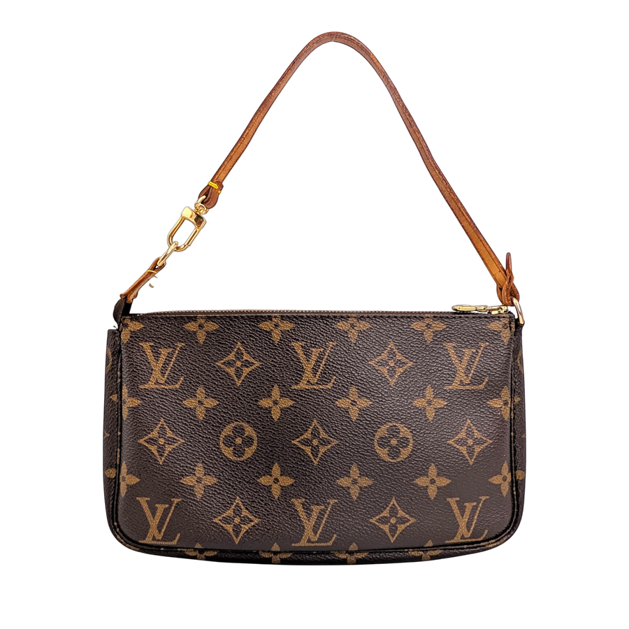 Secondhandbags AG Louis Vuitton Pochette Accessoires aus braunem Monogram Canvas mit Lederriemen und Goldbeschlägen