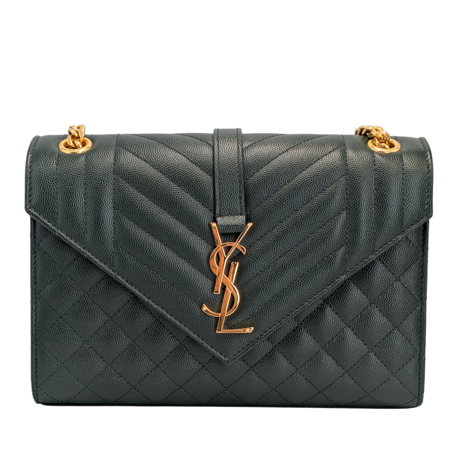 Secondhandbags AG Yves Saint Laurent Envelope medium shoulder bag in green quilted leather with gold YSL logo hardware