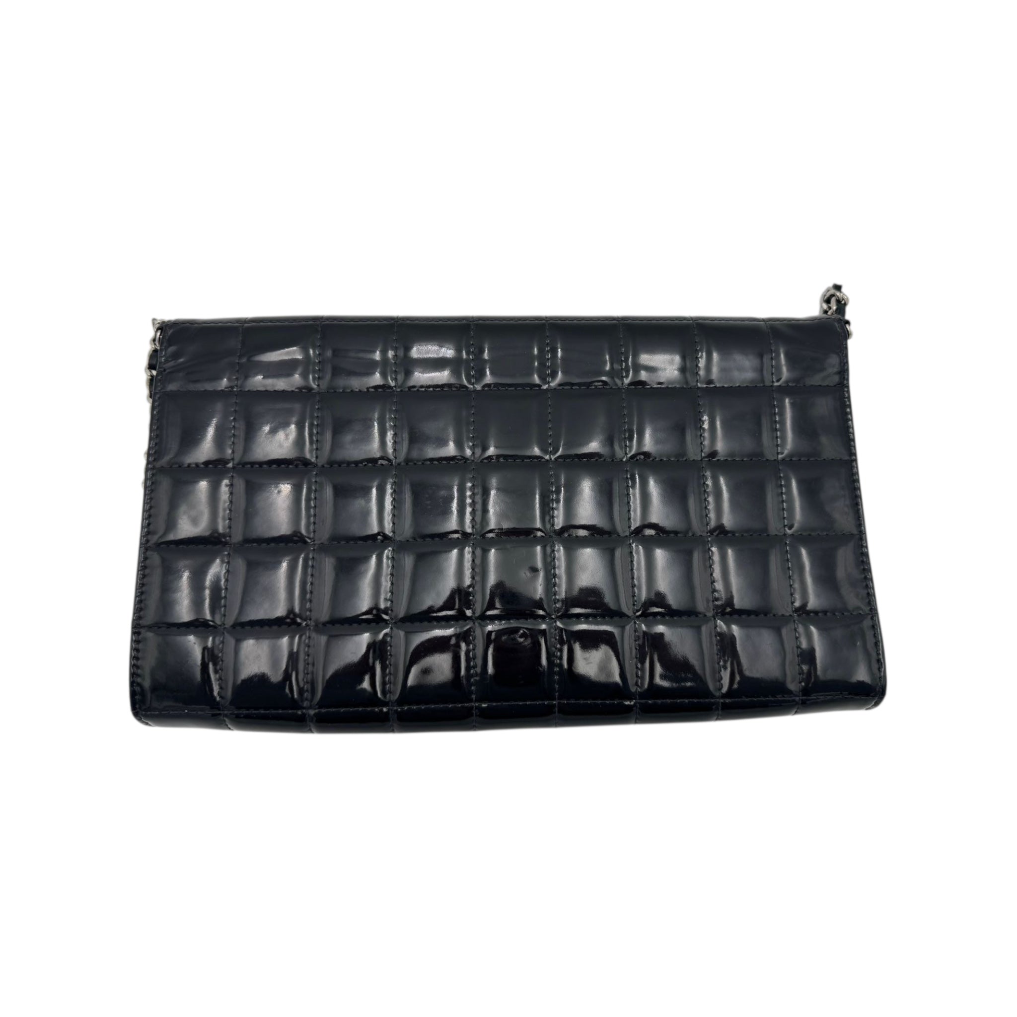 Chanel Chocolate Bar Clutch on Chain Black Patent Silver