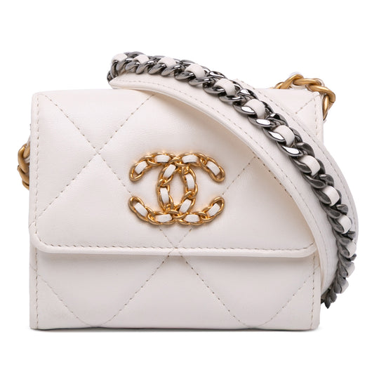 Chanel 19 Card Holder On Chain White Lambskin Gold