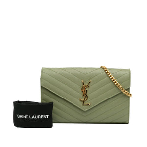 Yves Saint Laurent Cassandre Envelope Wallet on Chain Green Grain De Poudre