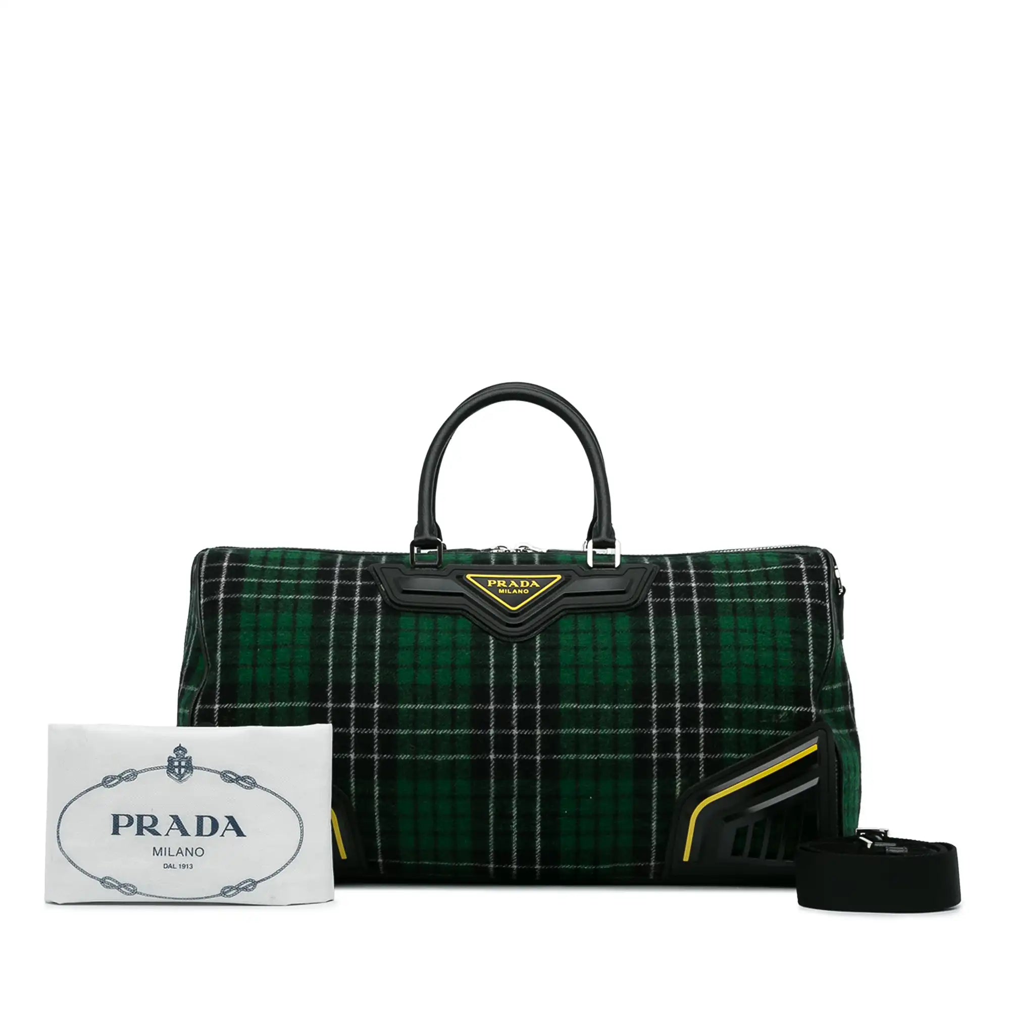 Prada Tartan Travel Bag Green Checkered Wool
