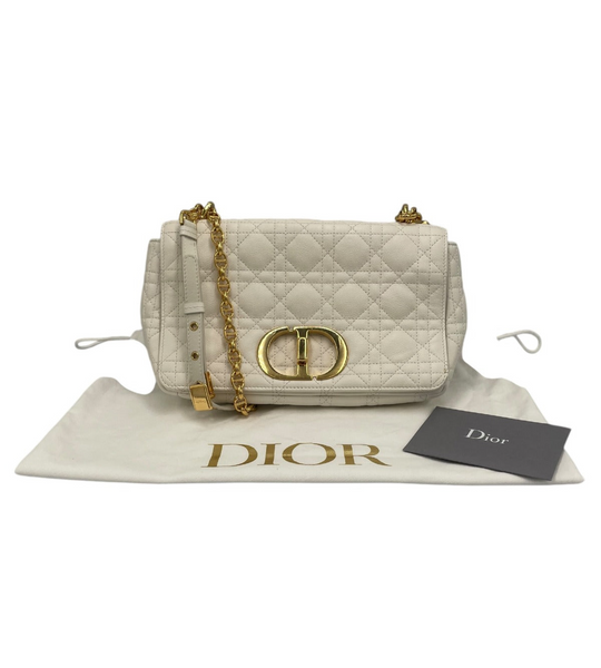 Dior Caro Medium White Cannage Leather Gold