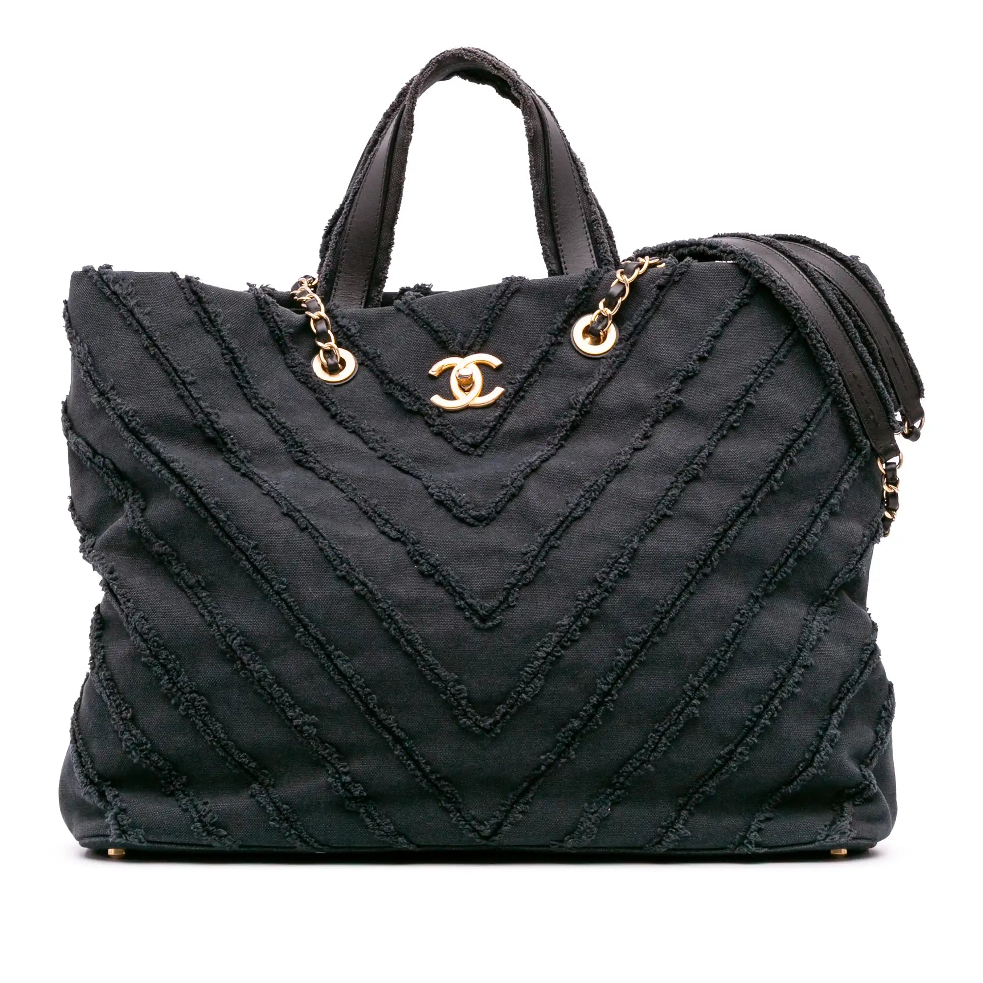 Chanel Cuba Patchwork Shopper Blue Chevron Canvas Gold