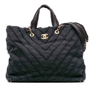 Chanel Cuba Patchwork Shopper Blue Chevron Canvas Gold