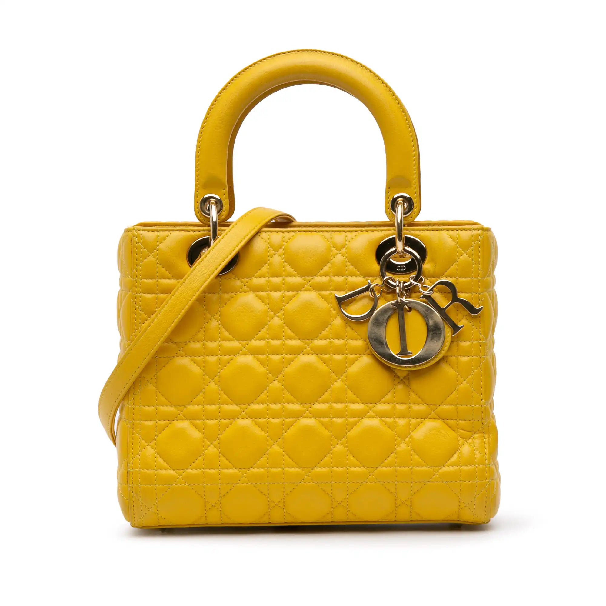 Dior Lady Dior Medium Yellow Cannage Quilted Leather Gold