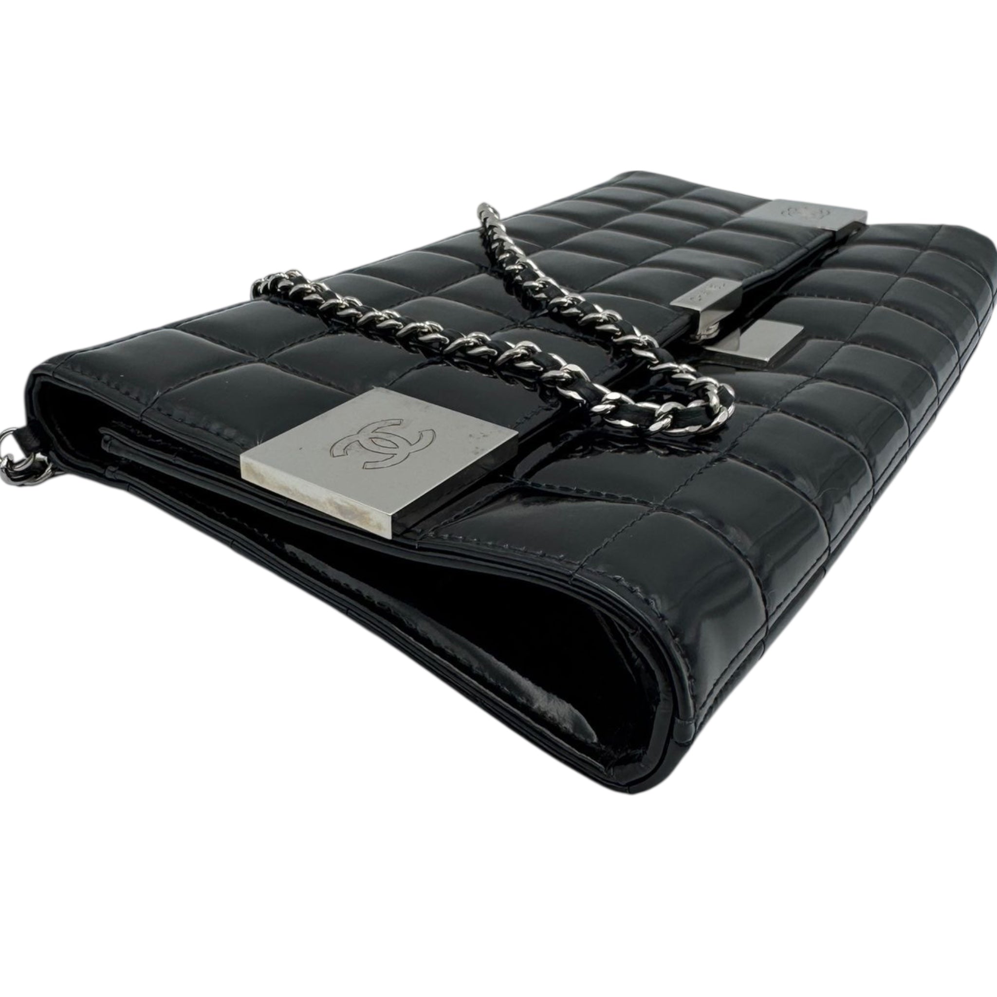 Chanel Chocolate Bar Clutch on Chain Black Patent Silver
