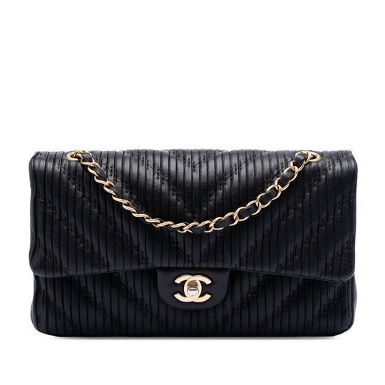 Chanel Classic Double Chevron Pleated Flap Medium Black Calfskin Gold