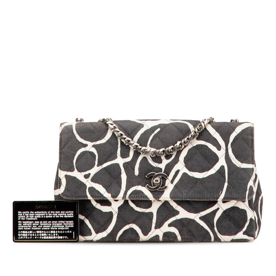 Chanel Classic Single Flap Medium Black Printed Canvas Silver