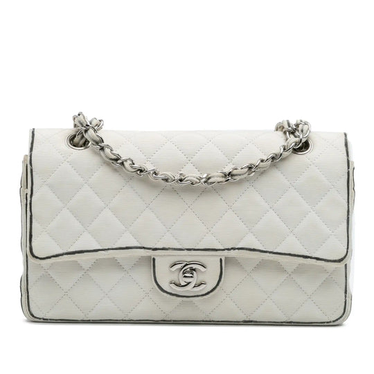 Chanel Classic Double Flap Medium Nylon Printed Grosgrain Nylon Silver