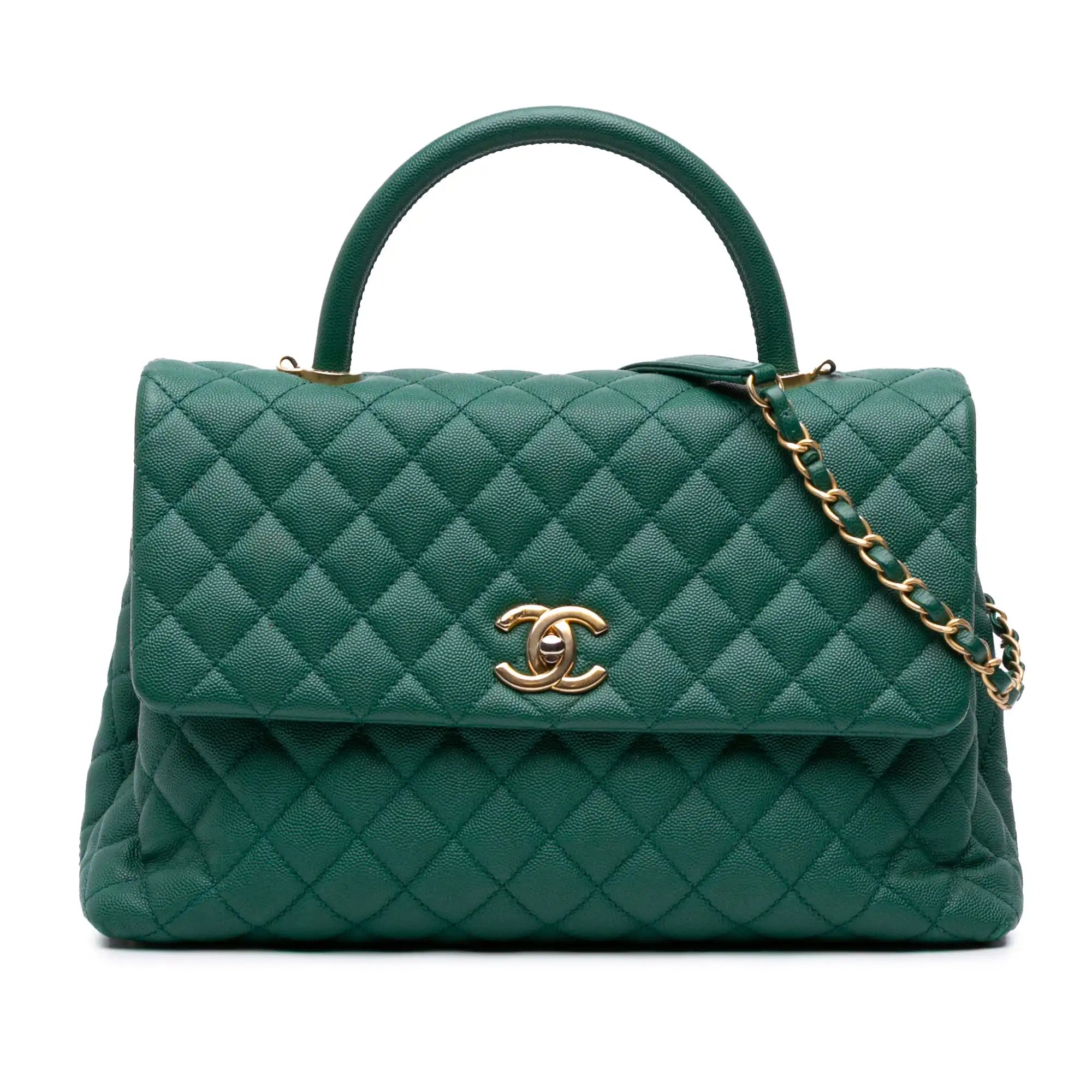 Chanel Coco Handle Flap Bag Medium Green Caviar Aged gold