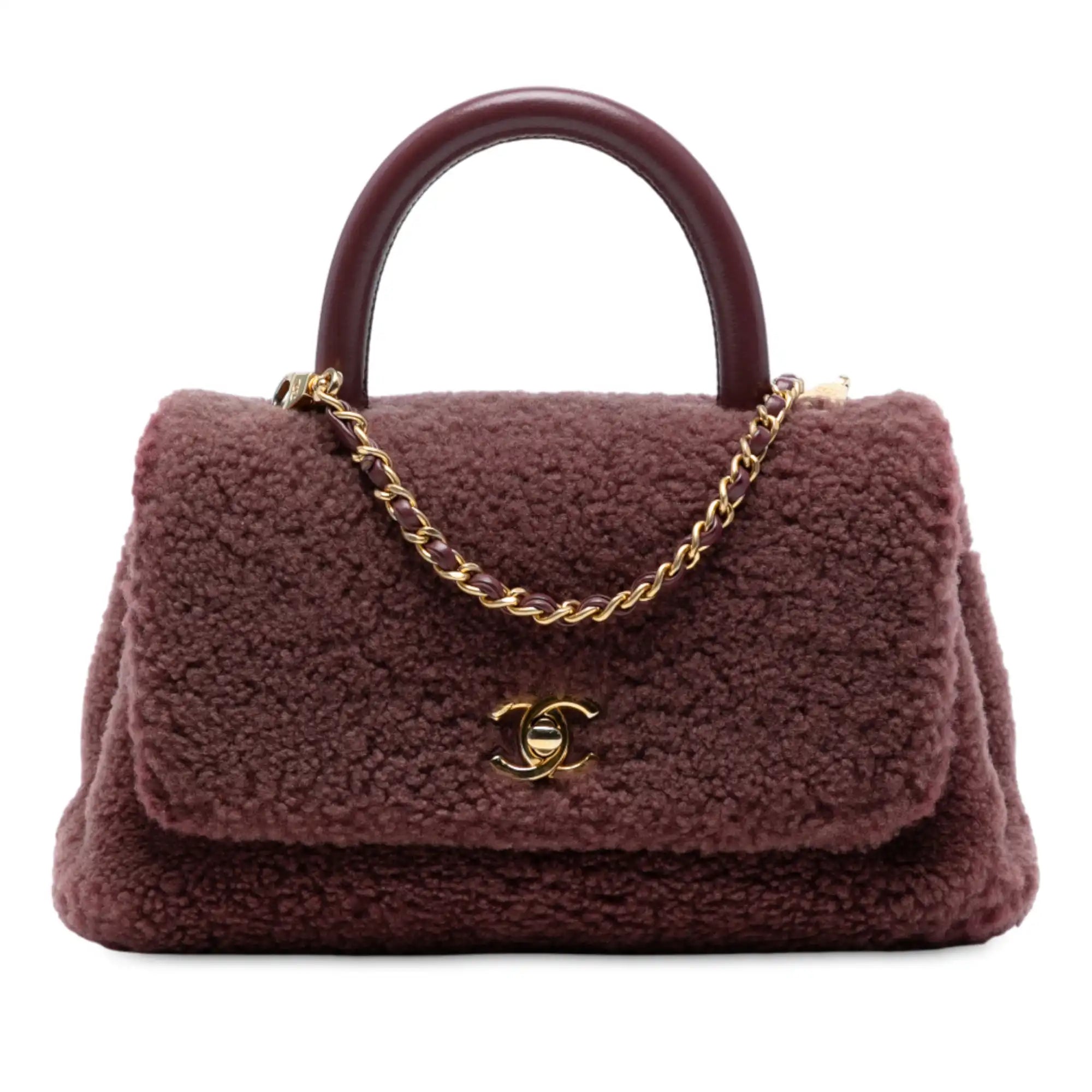Chanel Coco Top Handle Small Burgundy Shearling Gold