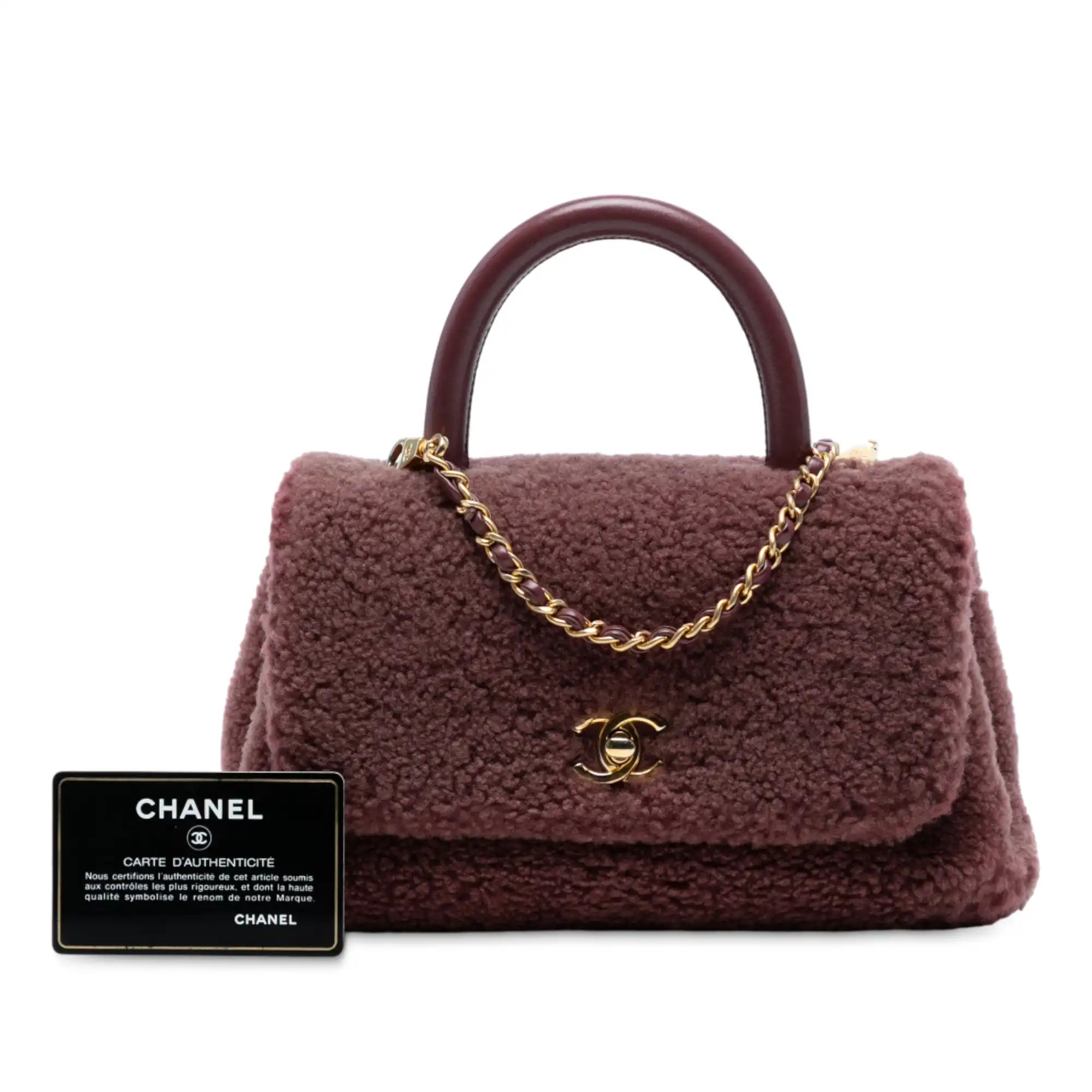 Chanel Coco Top Handle Small Burgundy Shearling Gold
