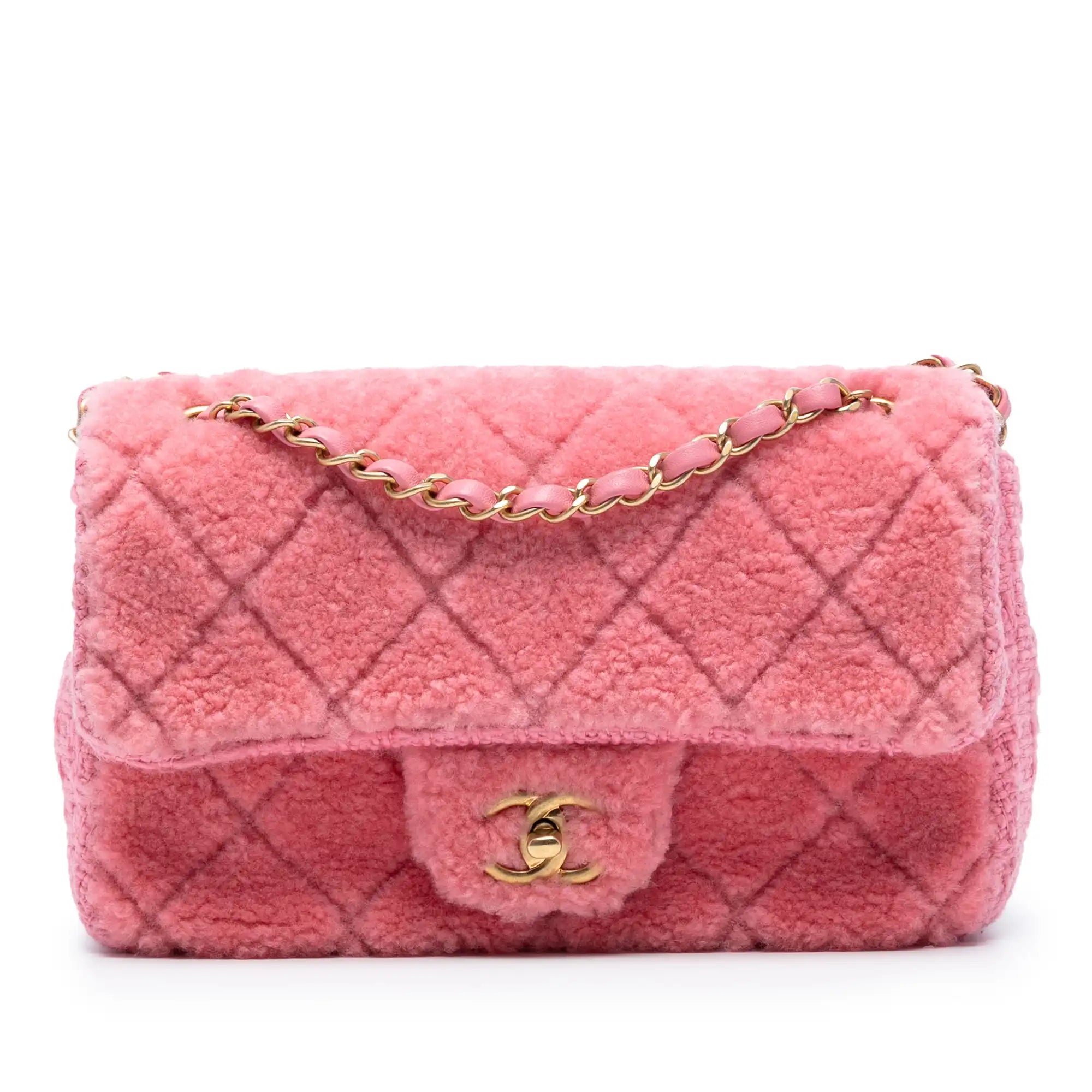 Chanel Classic Single Flap Pink Shearling Tweed Gold