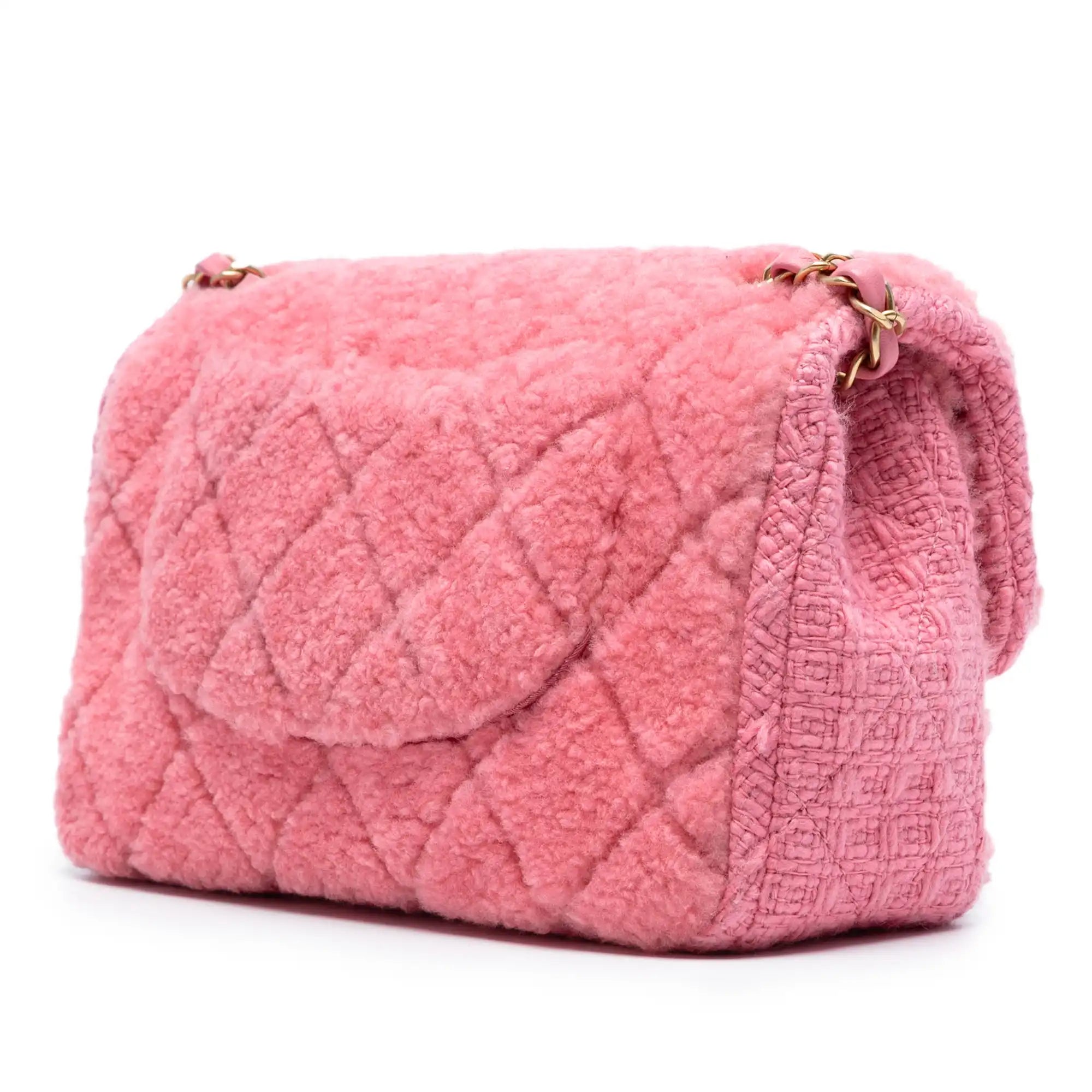Chanel Classic Single Flap Pink Shearling Tweed Gold