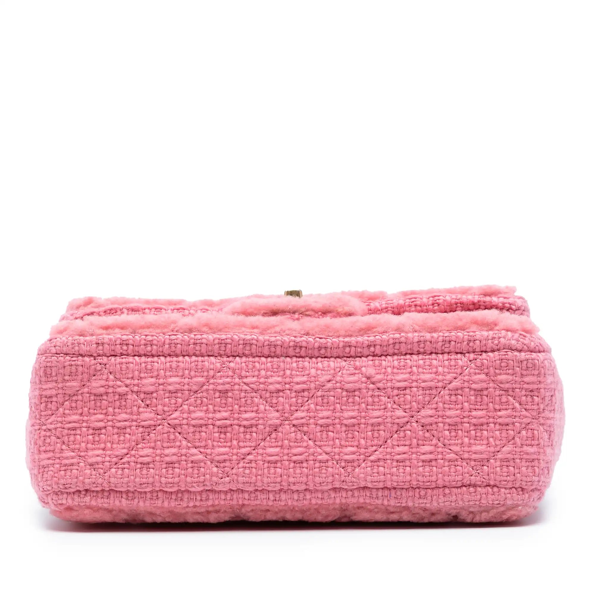 Chanel Classic Single Flap Pink Shearling Tweed Gold