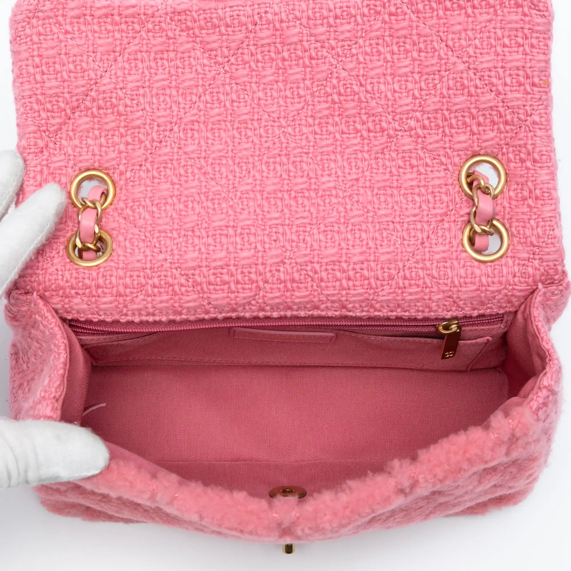 Chanel Classic Single Flap Pink Shearling Tweed Gold