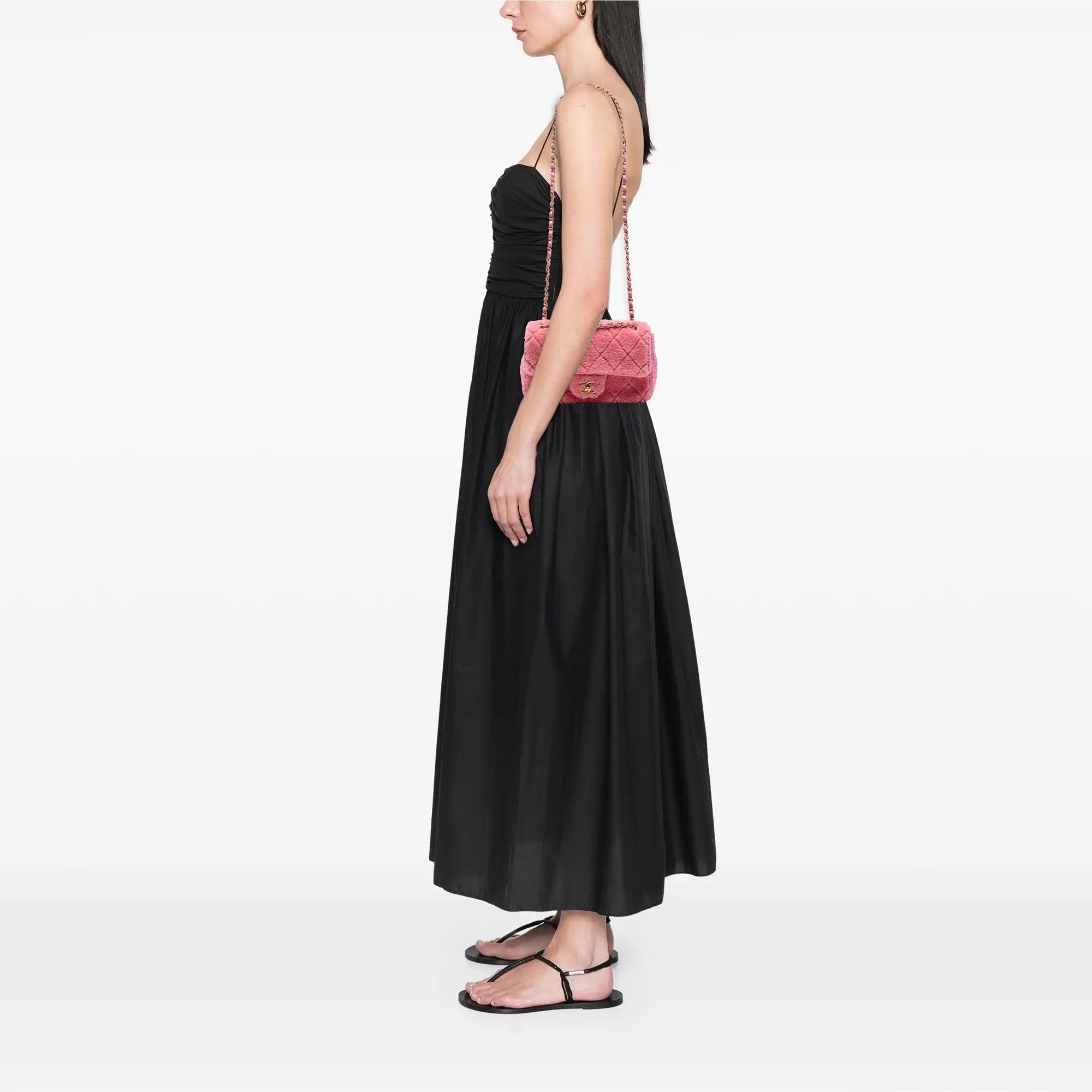 Chanel Classic Single Flap Pink Shearling Tweed Gold