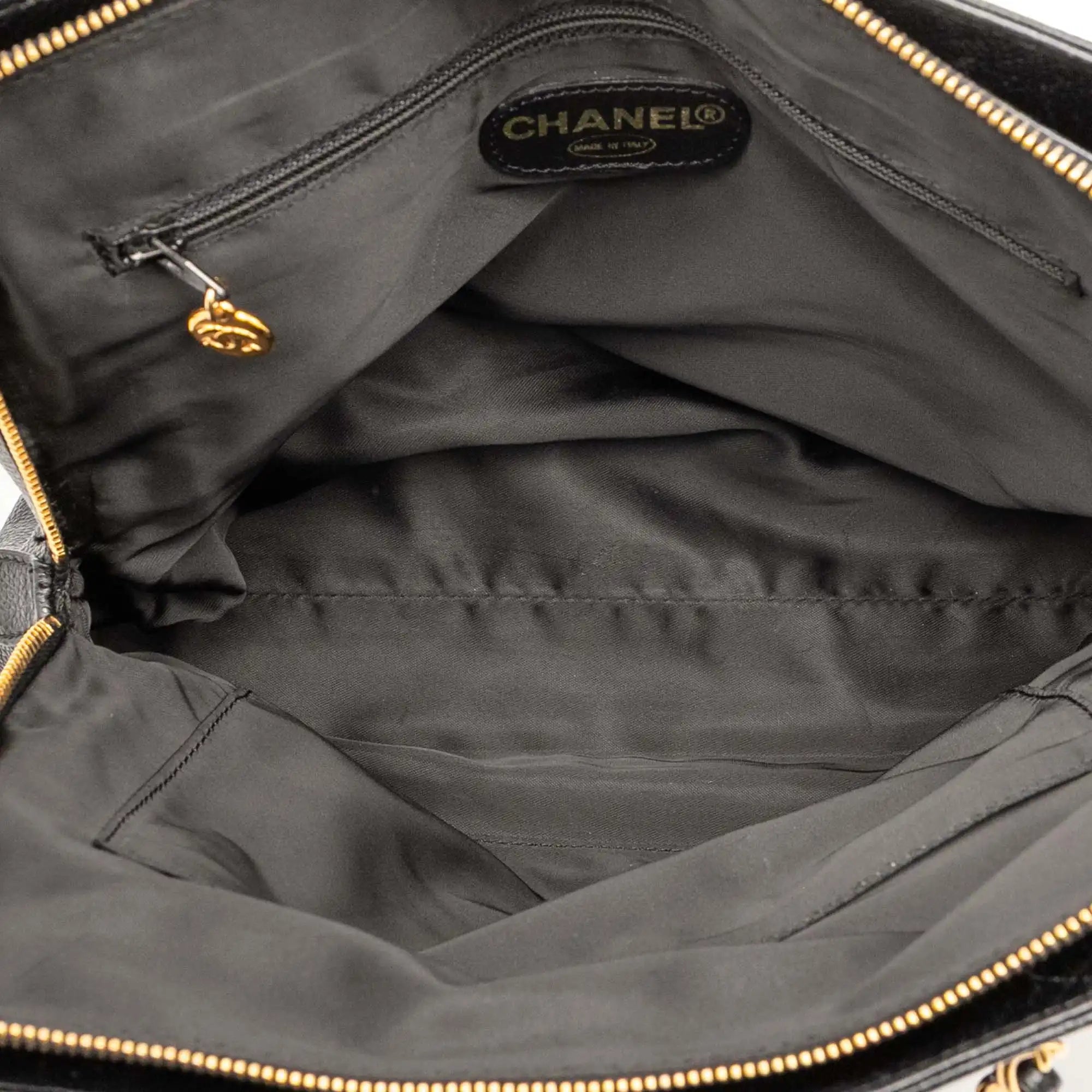 Chanel Logo Chain Tote Black Caviar