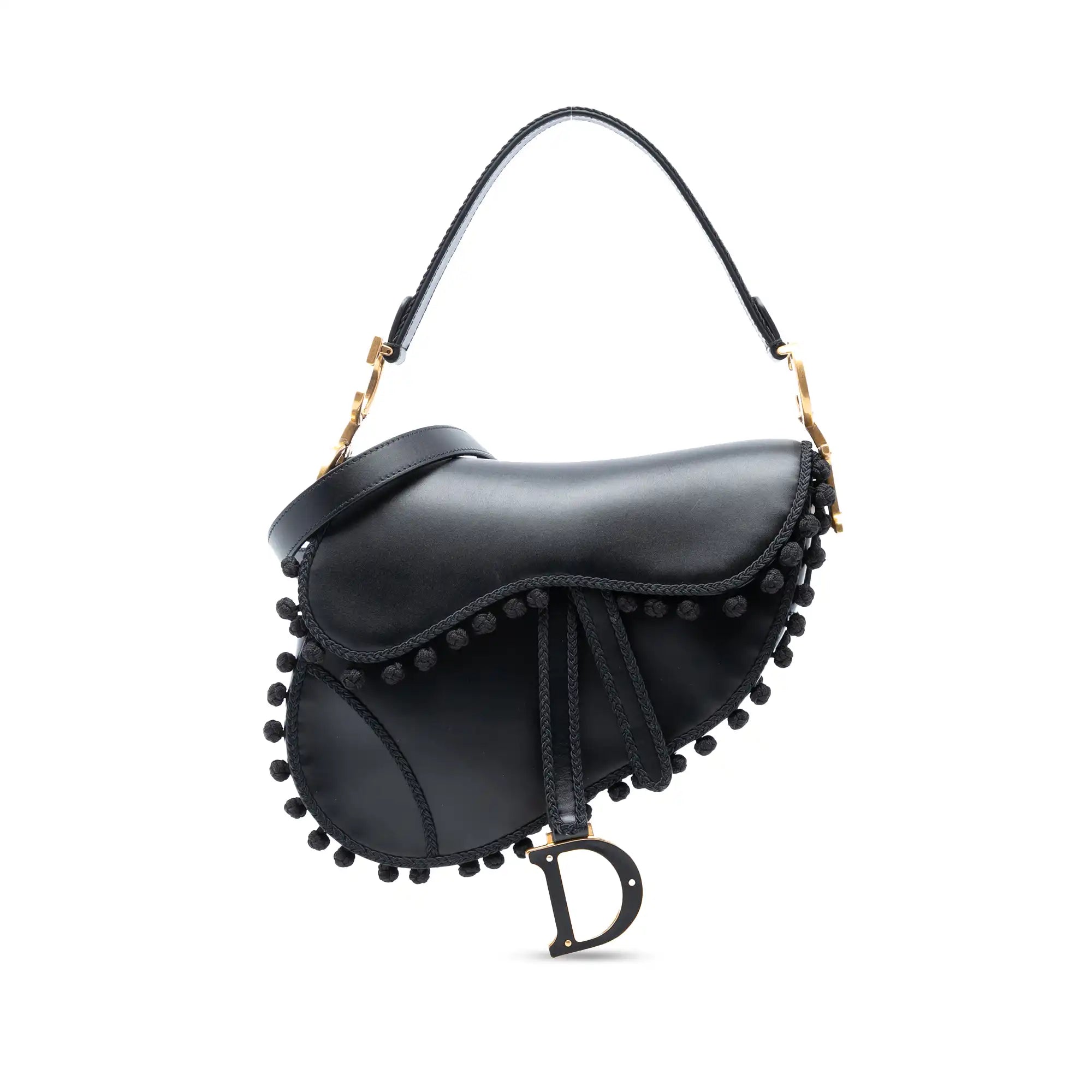 Dior Pom Pom Saddle Bag Medium Black Grained Calfskin