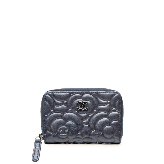 Chanel Camellia Embossed Zip Coin Purse Grey Calfskin