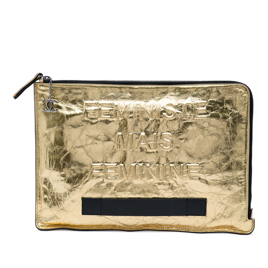 Chanel Feministe Mais Feminine Pouch Gold Metallic Crinkled Calfskin