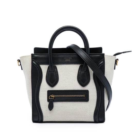 Celine Nano Luggage Tote Bicolor White Canvas and Black Leather