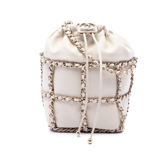 Chanel CC Chain Frame Drawstring Bucket Mini White Lambskin