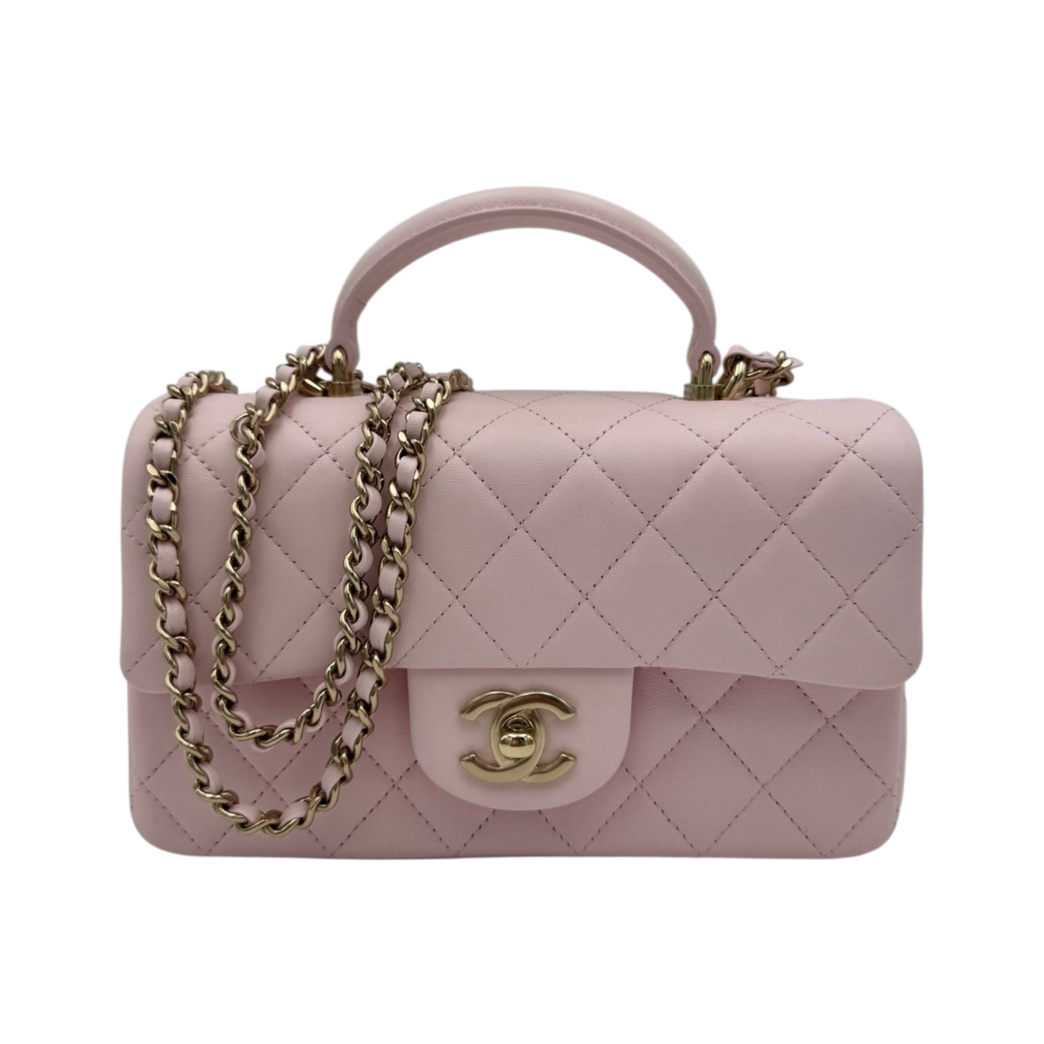 Chanel 22P Top Handle Rectangular Mini Light Pink Lambskin Gold