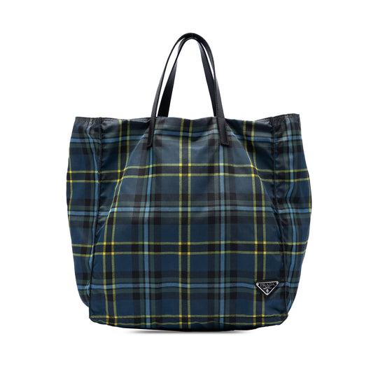 Prada Tessuto Stampato Plaid Tote Blue Nylon