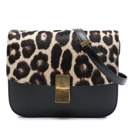 Celine Classic Box Medium Black Calfskin and Leopard Print Pony Hair