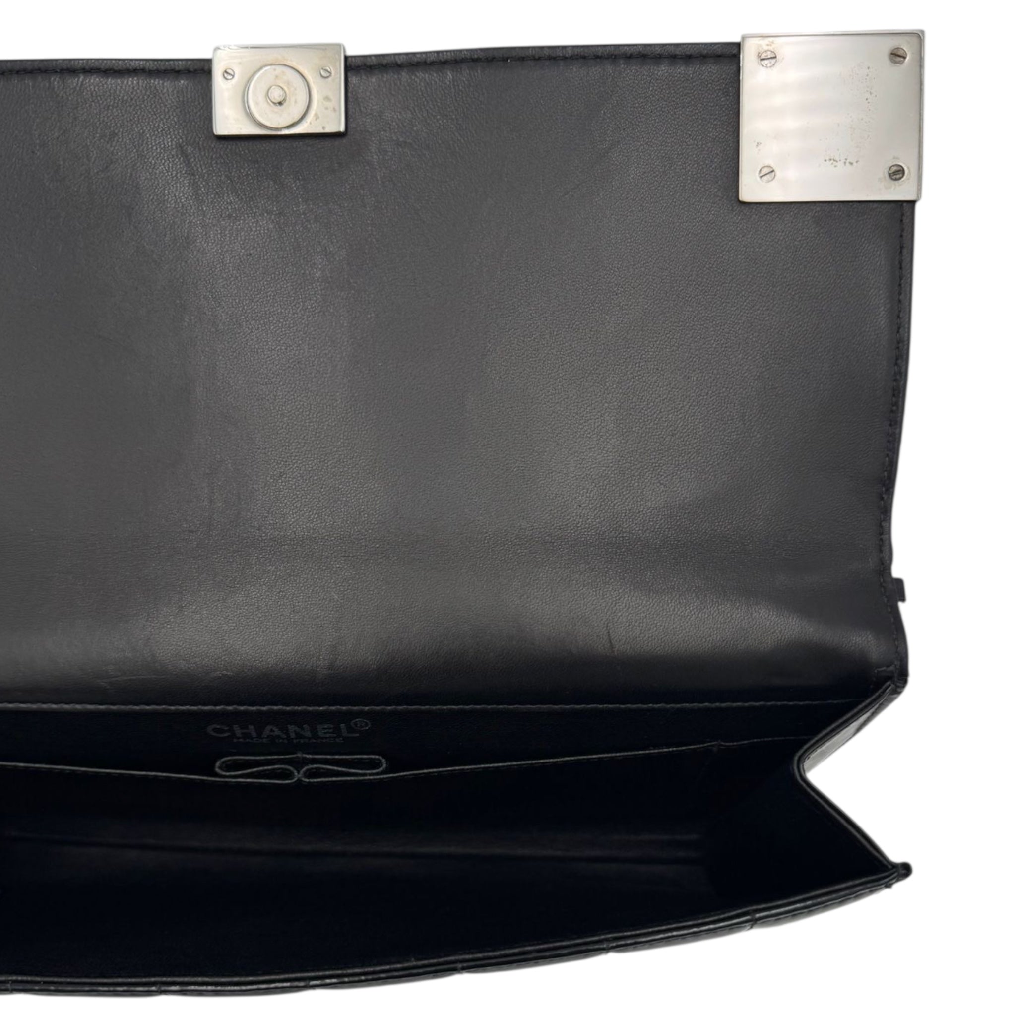 Chanel Chocolate Bar Clutch on Chain Black Patent Silver