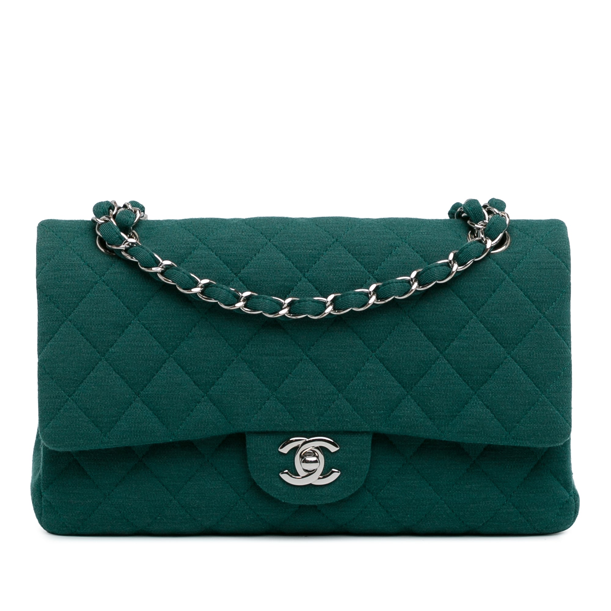 Chanel Classic Double Flap Medium Green Jersey Silver