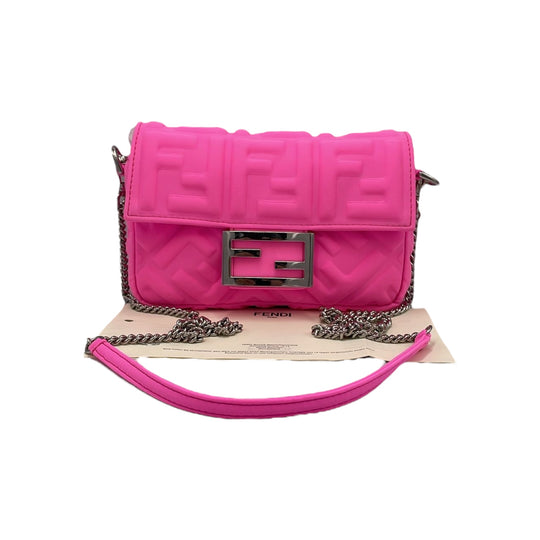 Fendi Baguette Chain Bag Mini Fluorescent Pink Rubberized/Silicone embossed FF Logo Silver