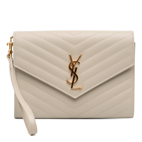 Saint Laurent Grain De Poudre Matelasse Cassandre Flap Pouch White Calfskin