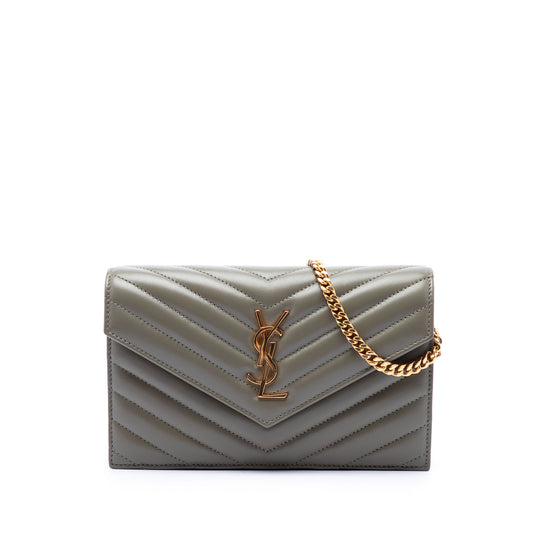Saint Laurent Monogram Envelope Chain Wallet Grey Lambskin