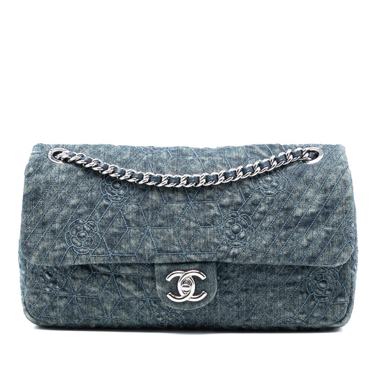 Chanel Classic Camellia Flap Large Blue Denim