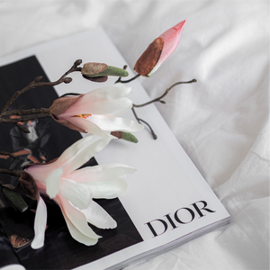 Dior Magazine displayed on a luxury bed with flowers