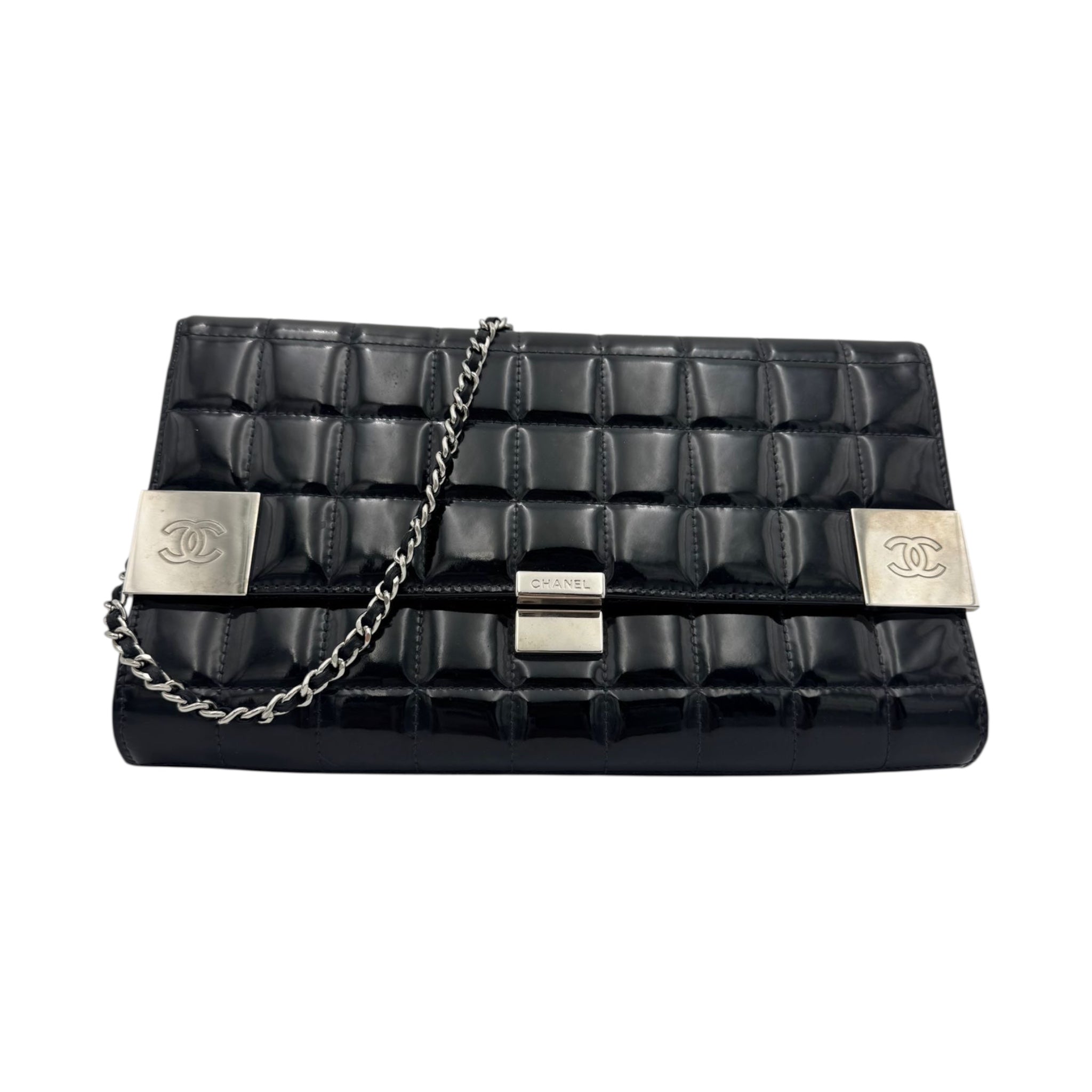 Chanel Chocolate Bar Clutch on Chain Black Patent Silver