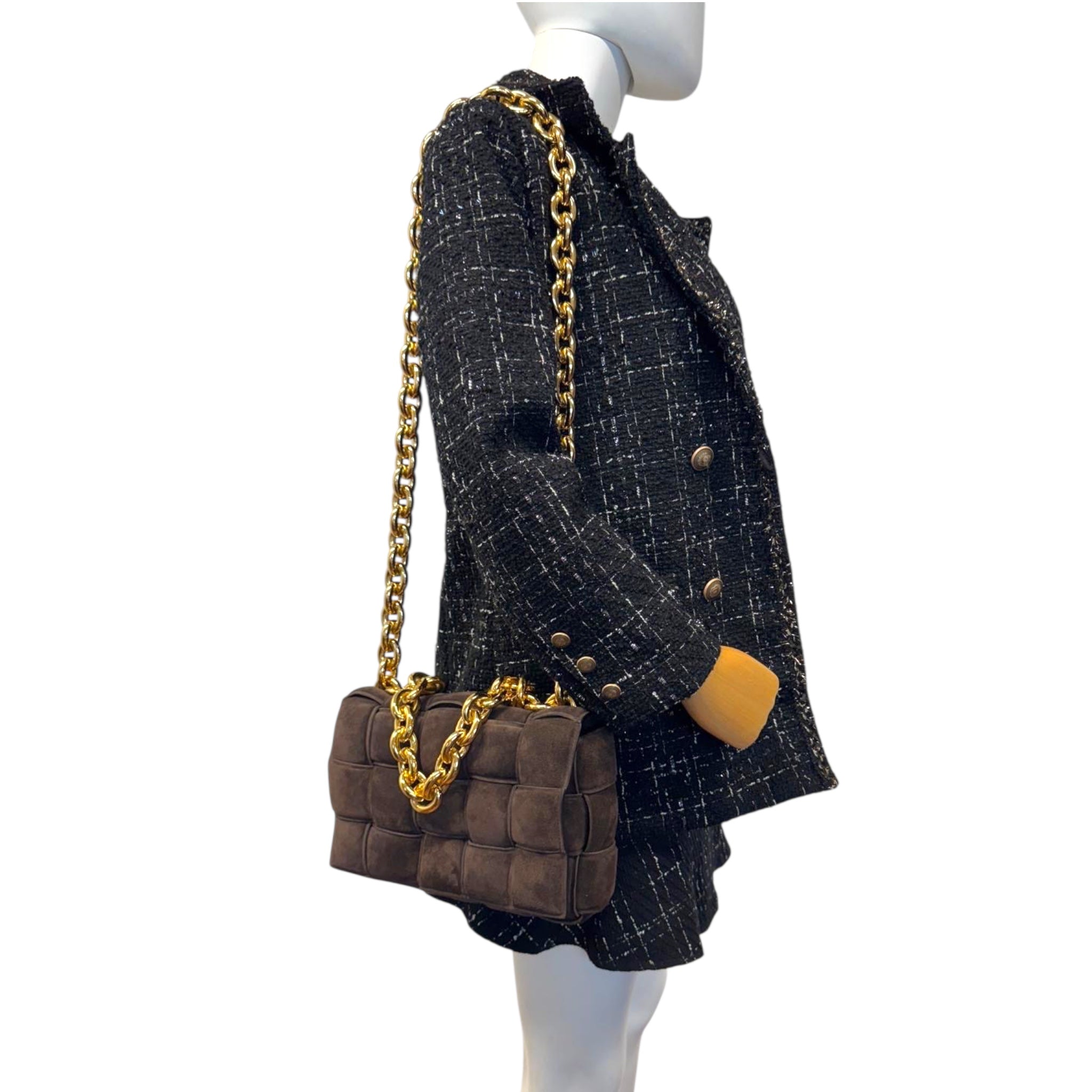 Bottega Veneta Padded Chain Cassette Brown Velvet Gold