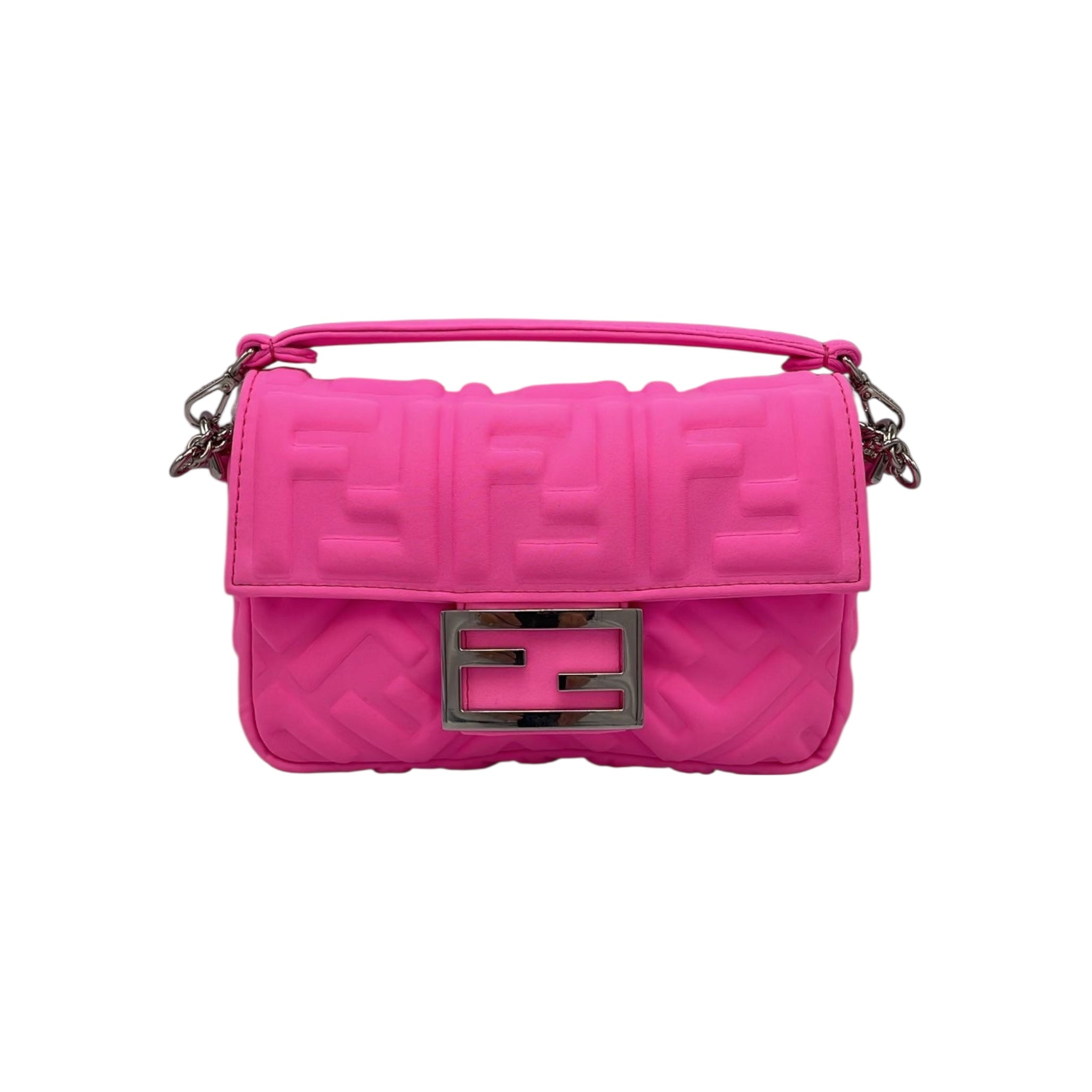 Fendi Baguette Chain Bag Mini Fluorescent Pink Rubberized/Silicone embossed FF Logo Silver